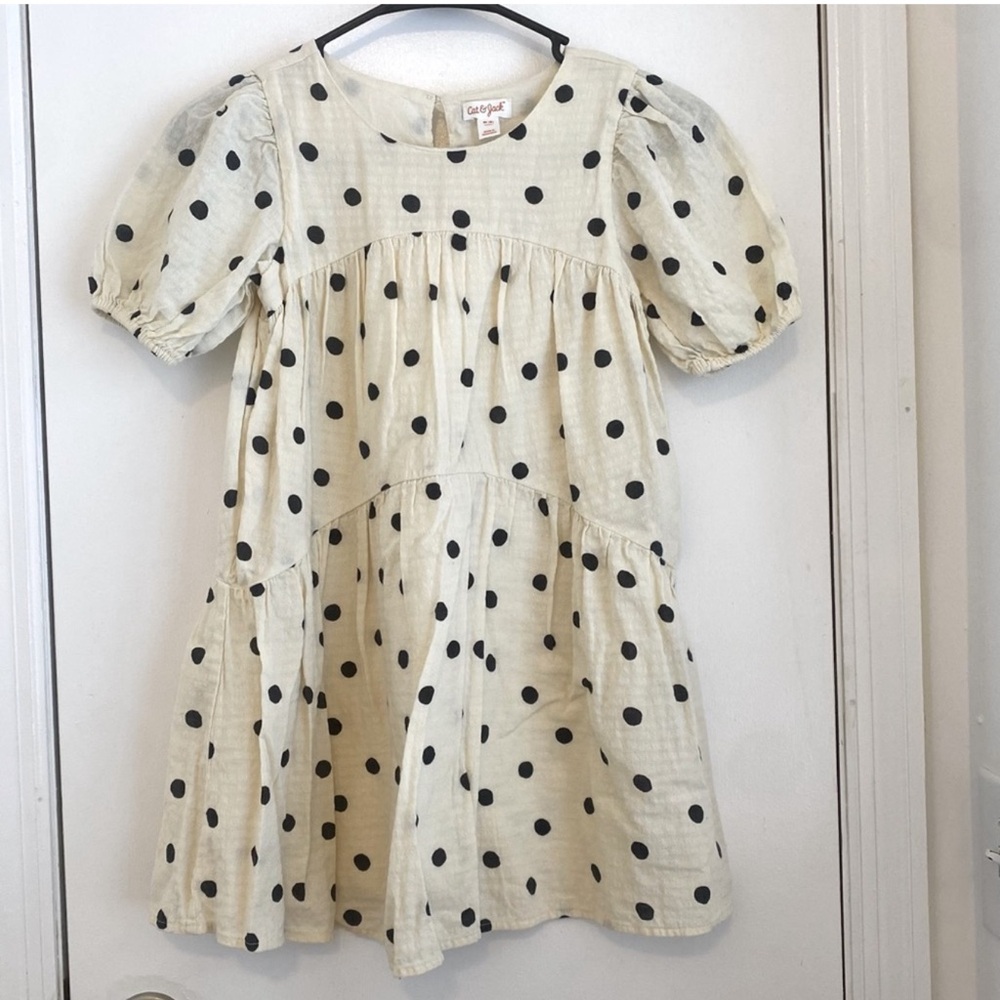 Cat & Jack Cream Dress with Black Polka Dots and Puff Sleeves